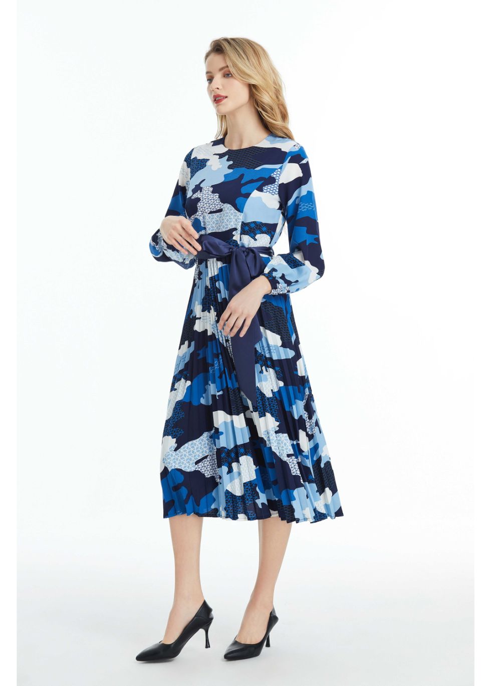 Long Sleeved Belted Colorful Print Midi Dress - alamaud