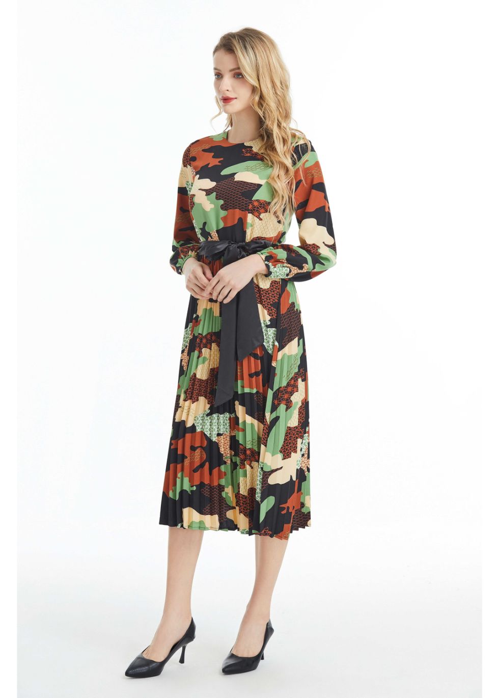 Long Sleeved Belted Colorful Print Midi Dress - alamaud