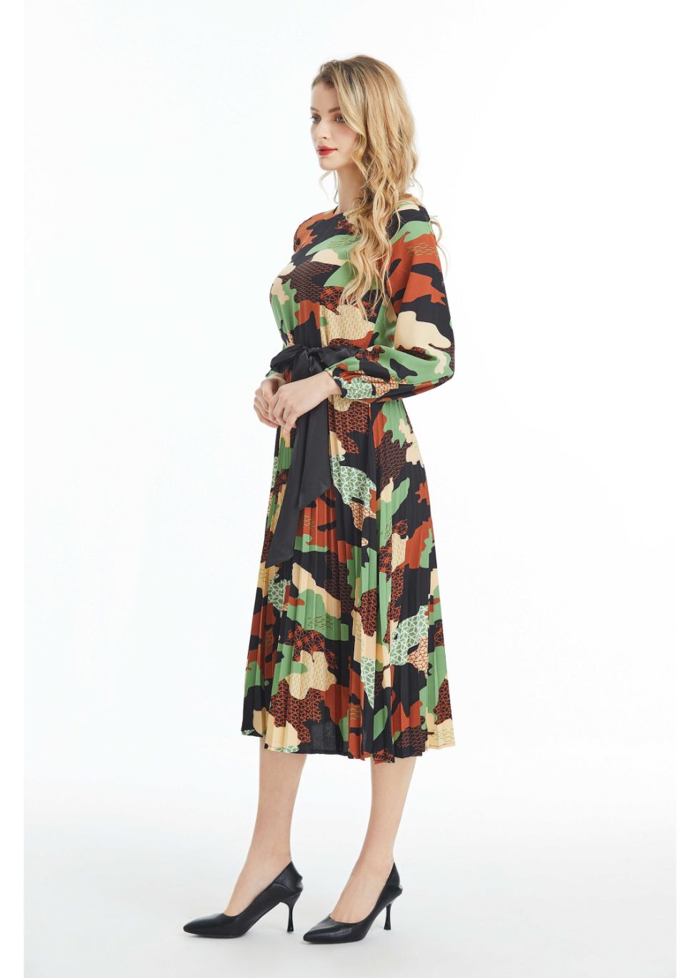 Long Sleeved Belted Colorful Print Midi Dress - seilerlanguageservices