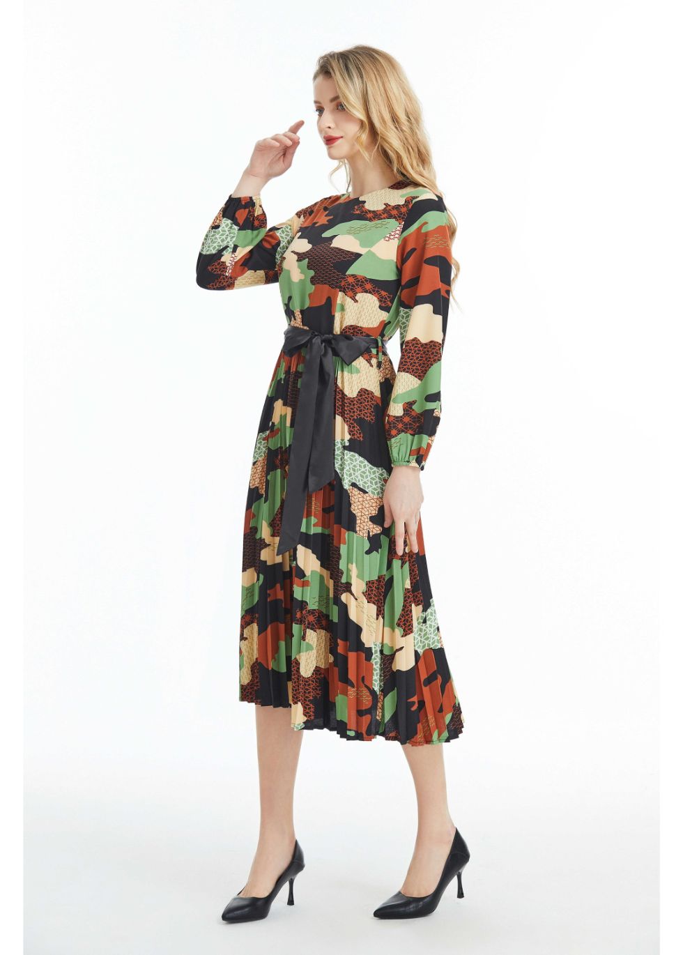 Long Sleeved Belted Colorful Print Midi Dress - seilerlanguageservices