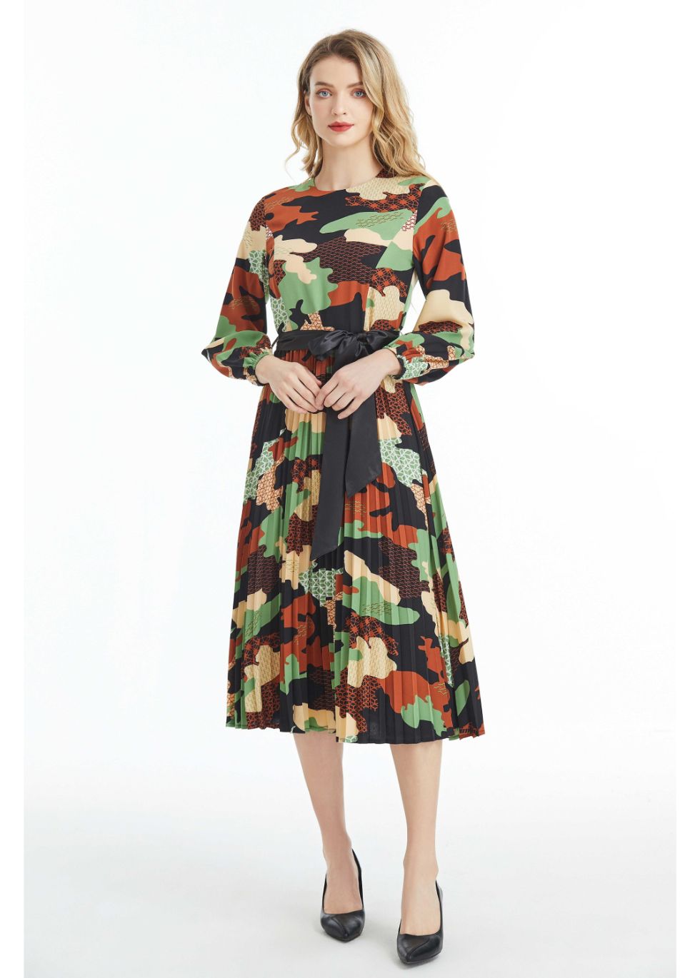 Long Sleeved Belted Colorful Print Midi Dress - alamaud