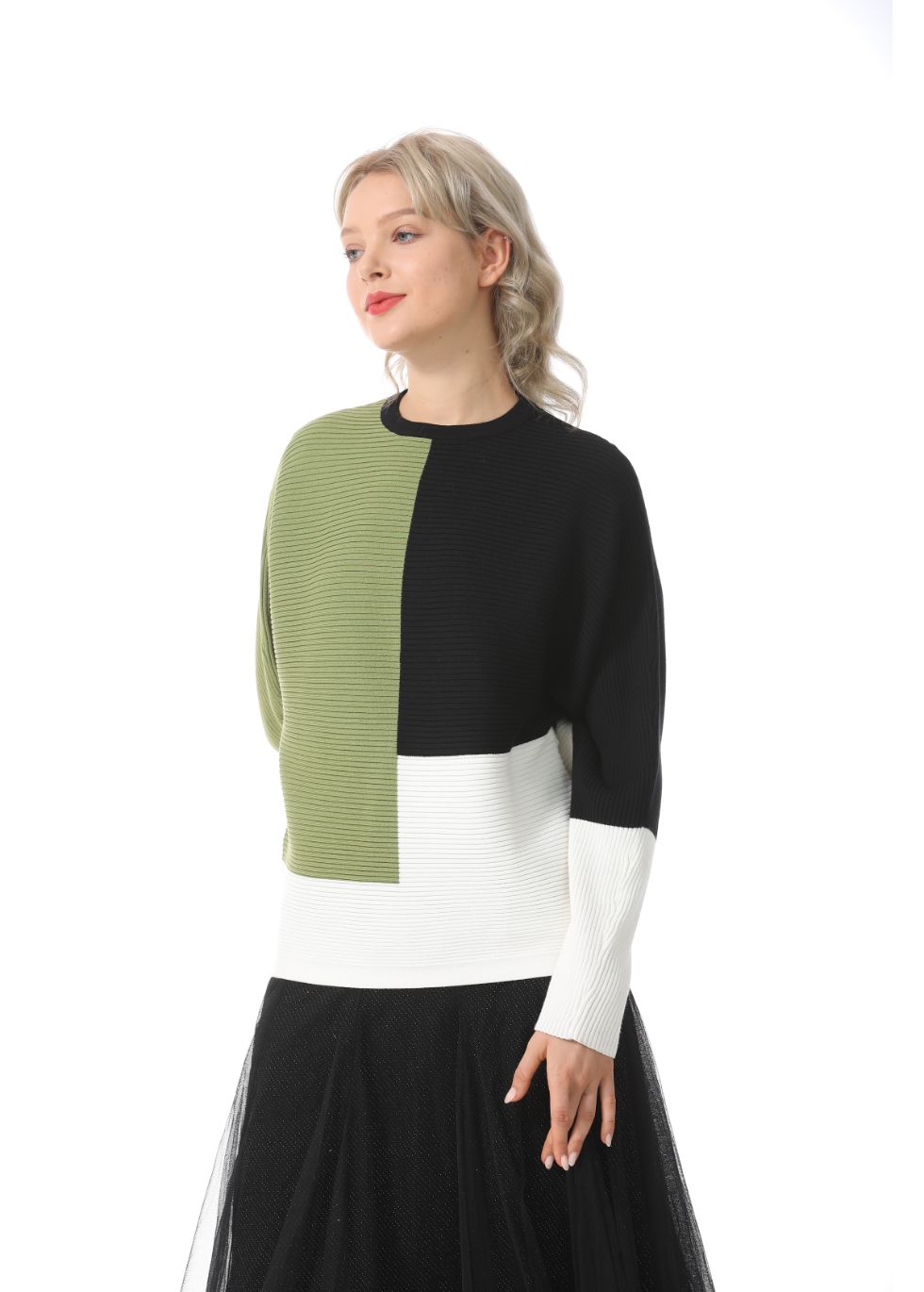 Oversized Color Block Ribbed Sweater - alamaud