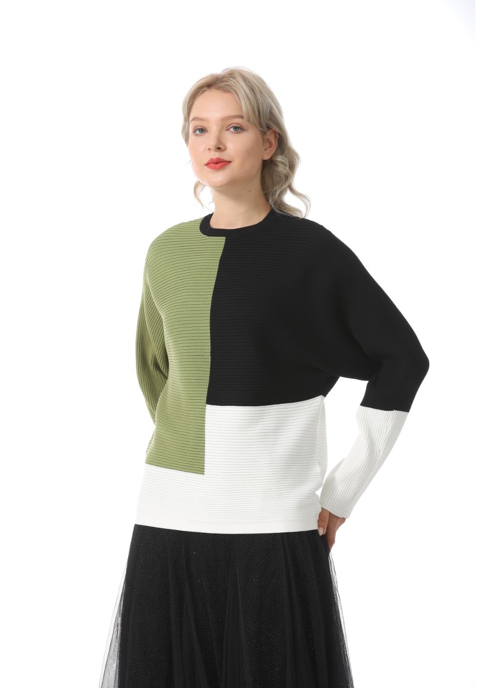 Oversized Color Block Ribbed Sweater - alamaud