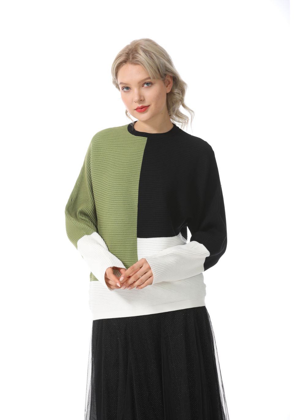 Oversized Color Block Ribbed Sweater - alamaud