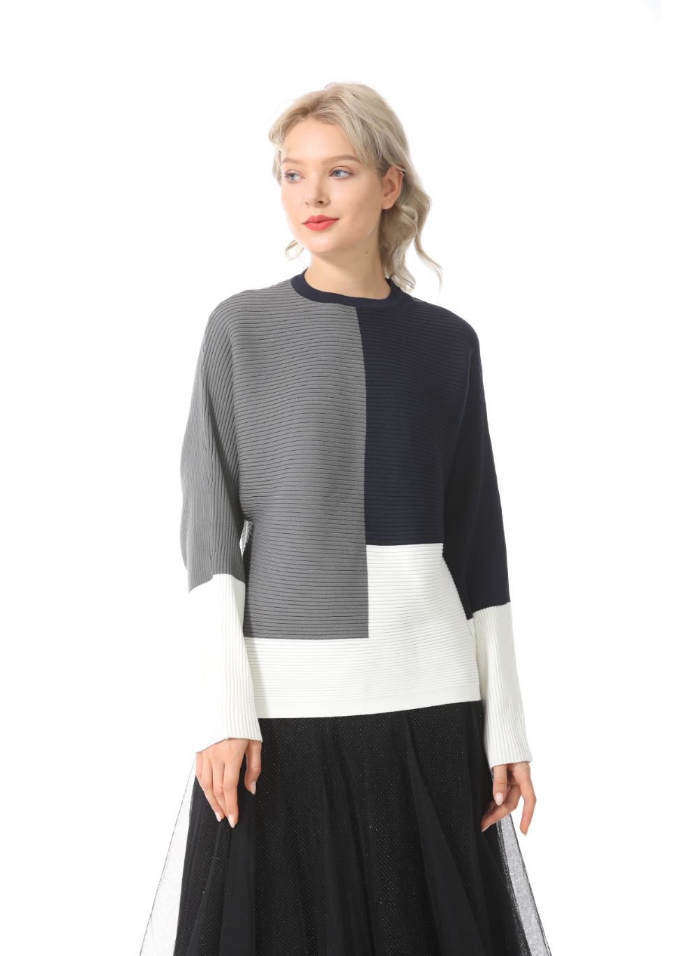 Oversized Color Block Ribbed Sweater - alamaud