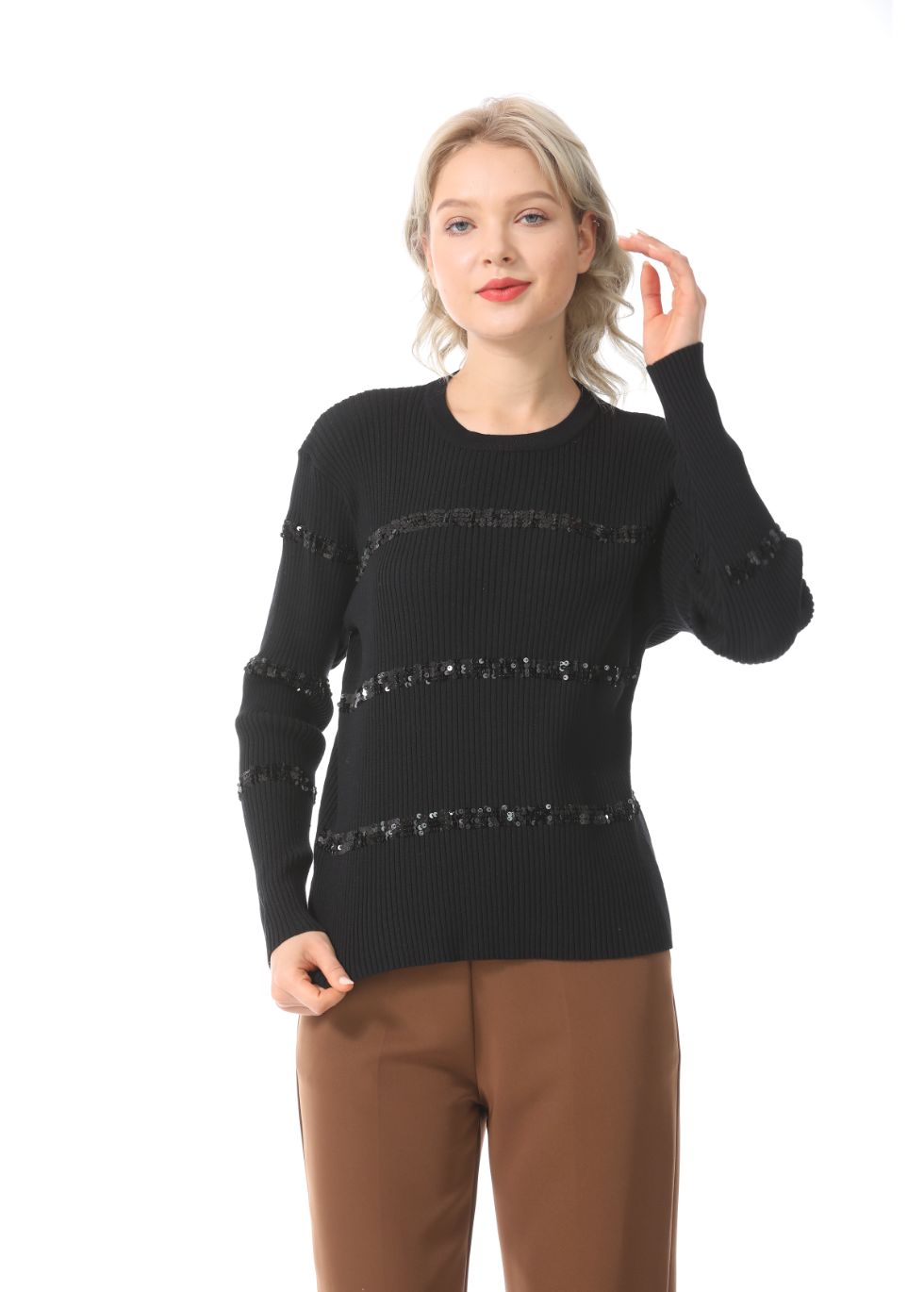Ribbed Detail Long Sleeve Sweater - alamaud