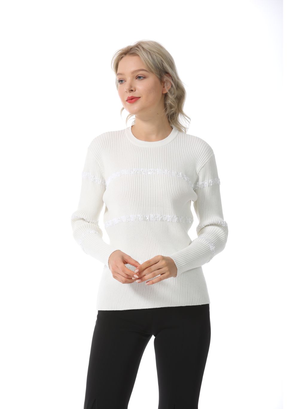 Ribbed Detail Long Sleeve Sweater - alamaud