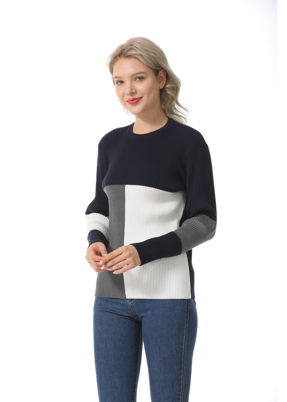 Long Sleeve Color Block Ribbed Sweater - alamaud