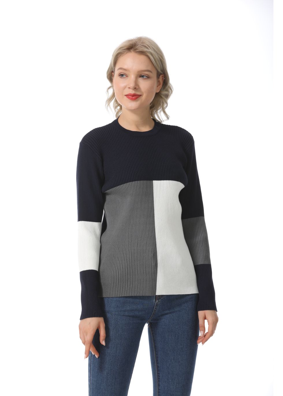 Long Sleeve Color Block Ribbed Sweater - alamaud