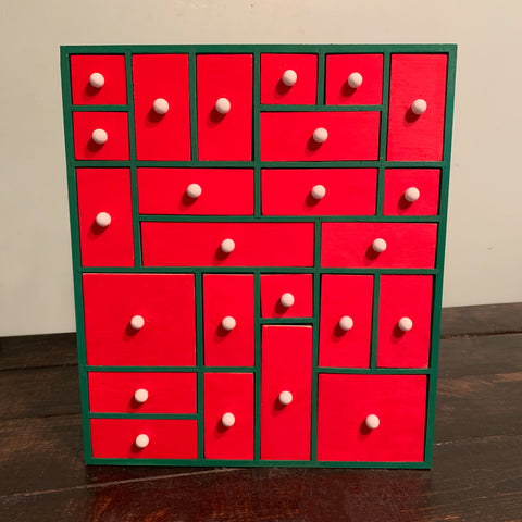 red and green christmas, traditional christmas, gingerbread theme advent calendar, wooden advent calendar, painted advent calendar, advent calendar drawers, countdown to Christmas