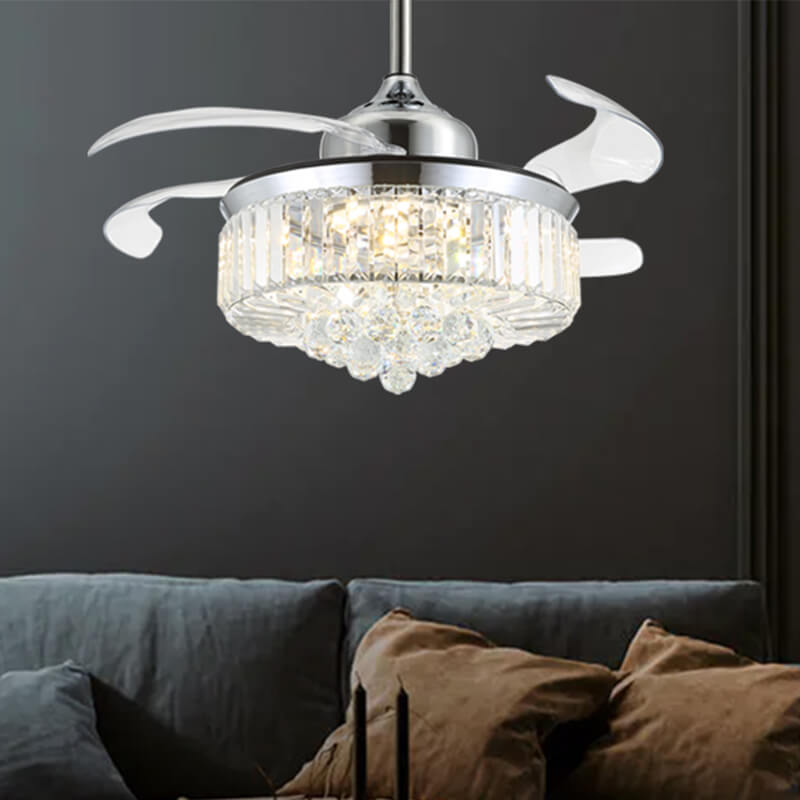 42-inch（Silver） Modern Ceiling Fan with Light Retractable 4 Blade Ceiling Fan Chandelier with Remote Control Dimmable Indoor Fan Light 