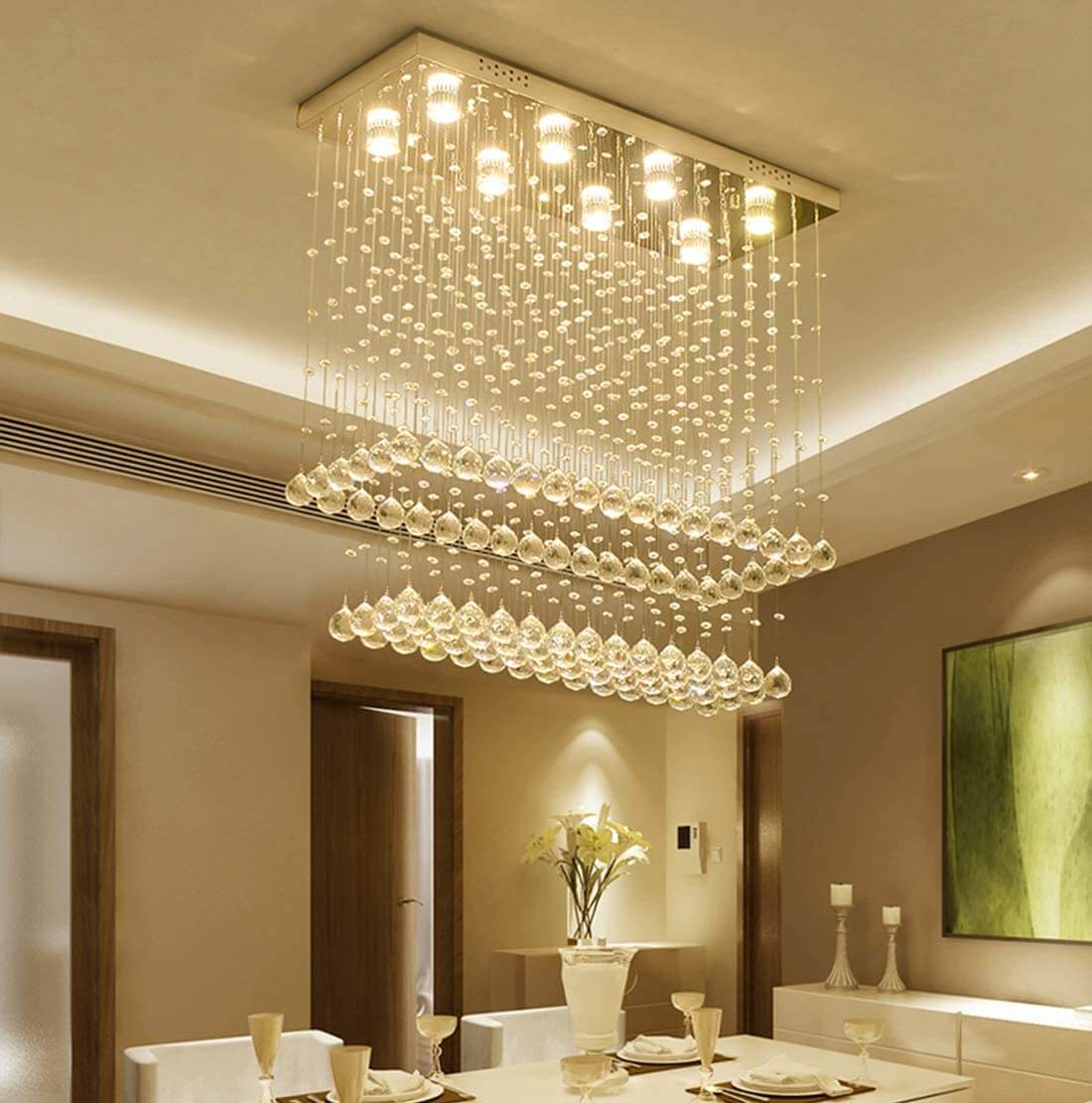 Moooni L31.5 Contemporary Rectangle Crystal Chandelier Modern Dining Room Ceiling Light Fixture RainDrop Design 