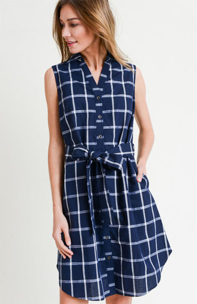 navy sleeveless shirt dress