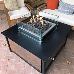Raven black IMPACT fire table square with tempered glass wind guard located in Eagle Idaho.