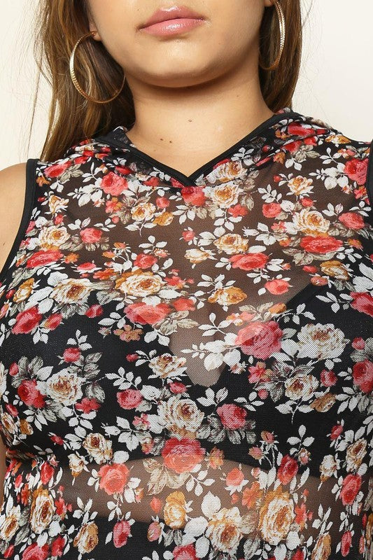 Plus Size Floral Sheer Hooded Dress - The Kurve