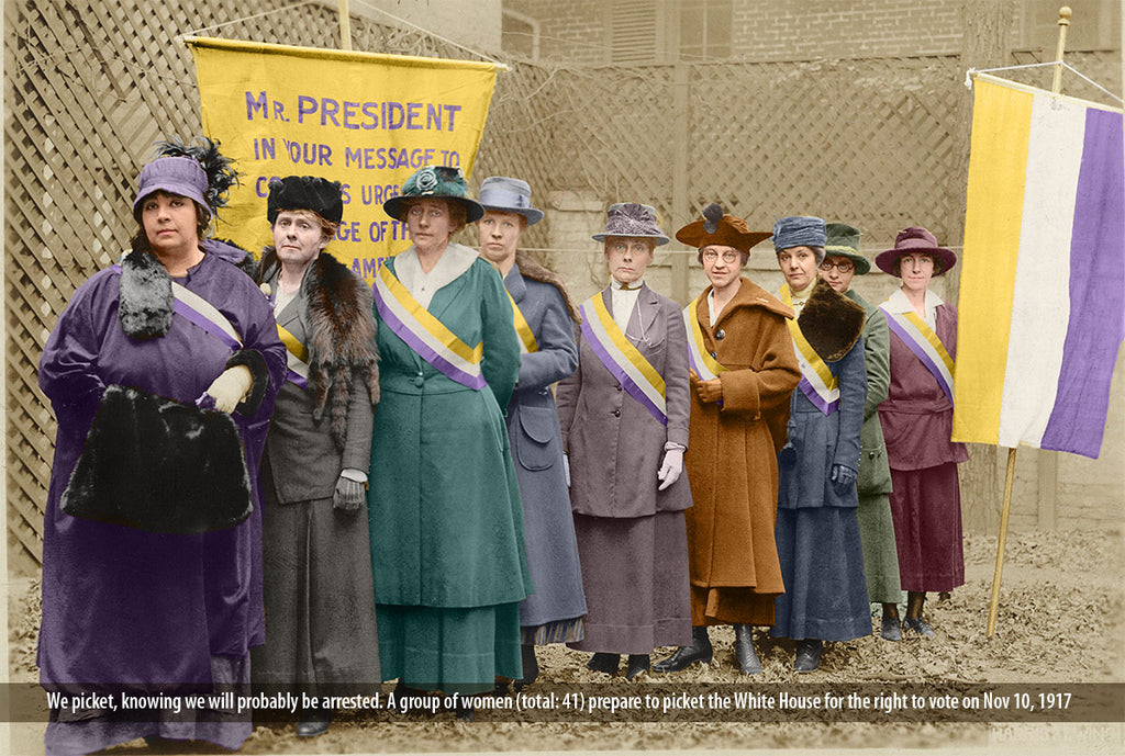 Women prepare to picket the White House for the right to vote on Nov 10, 1917. Colorized image of National Woman's Party