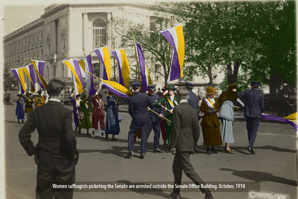 Women suffragists picketing the Senate are arrested outside the Senate Office Building. October, 1918