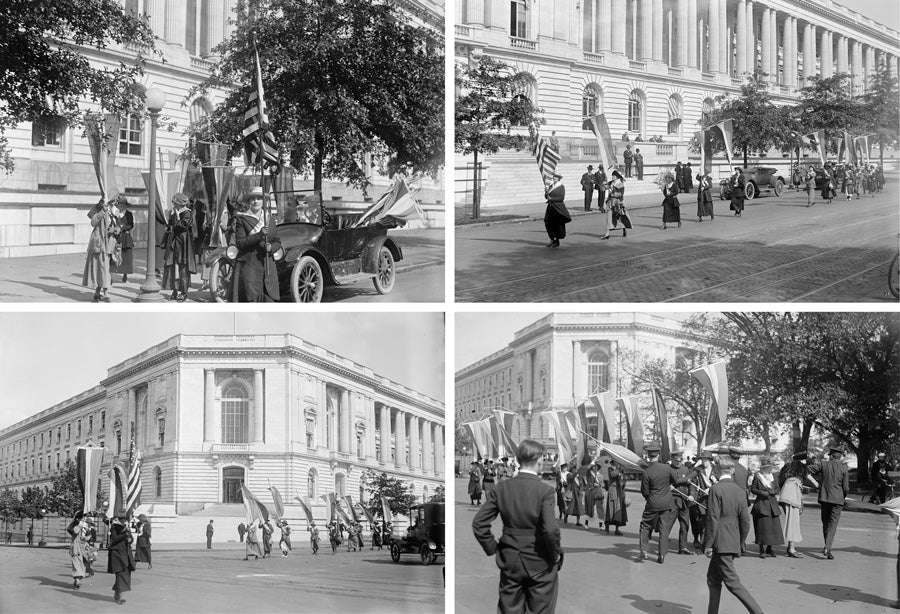 Photo series of the National Woman's Party picket of the Senate in front of the Senate Office Building. October 1918.