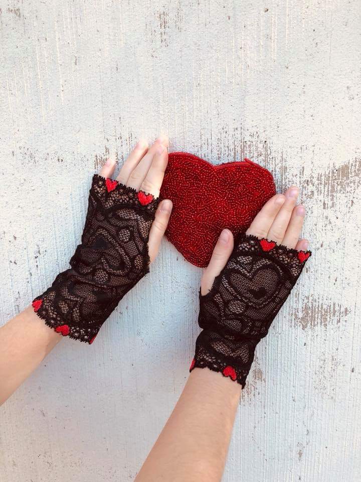 long red lace fingerless gloves