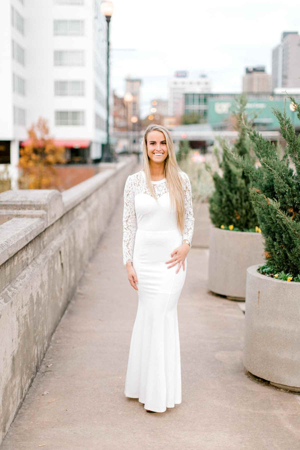 white long sleeve engagement dress