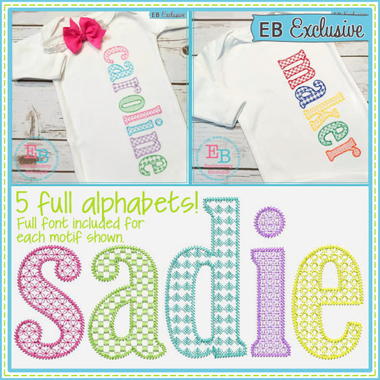 Sketch Lowercase Set - Motif Fill Embroidery Font- 5 FULL Alphabets, Embroidery Font