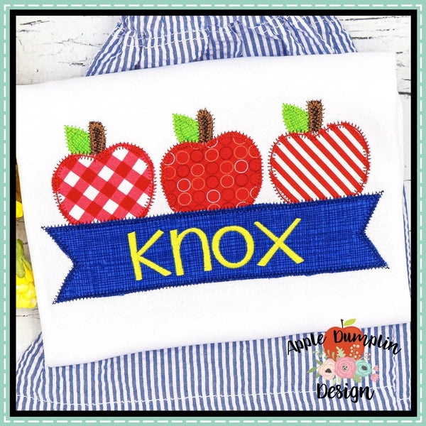 3 Apples with Banner Zigzag Applique Design, Applique