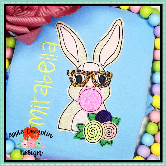 Bunny Bubble Gum Glasses Girl Bean Stitch Applique Design, Applique
