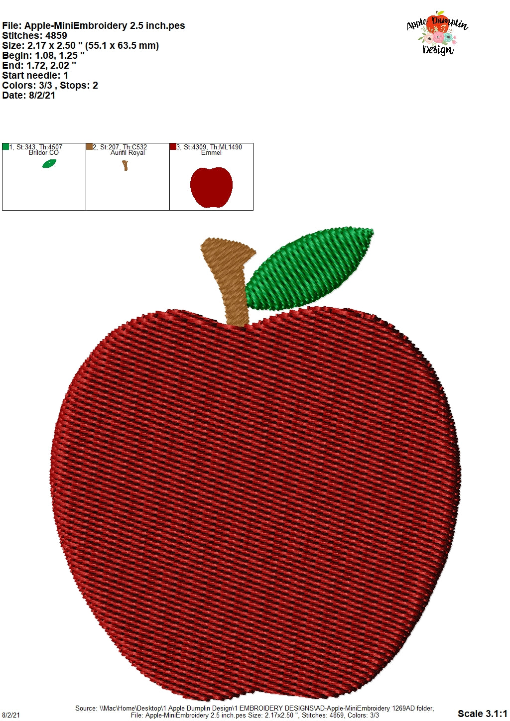 Apple Mini Embroidery Design, Embroidery