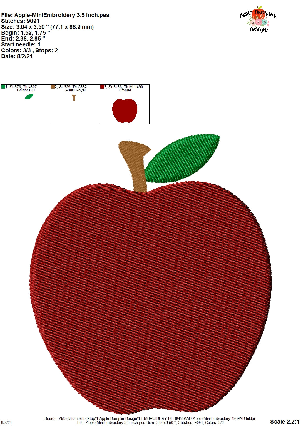 Apple Mini Embroidery Design, Embroidery