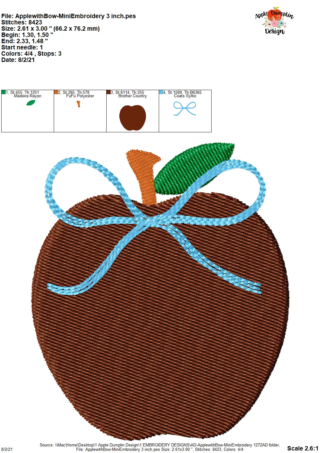 Apple with Bow Mini Embroidery Design, Embroidery