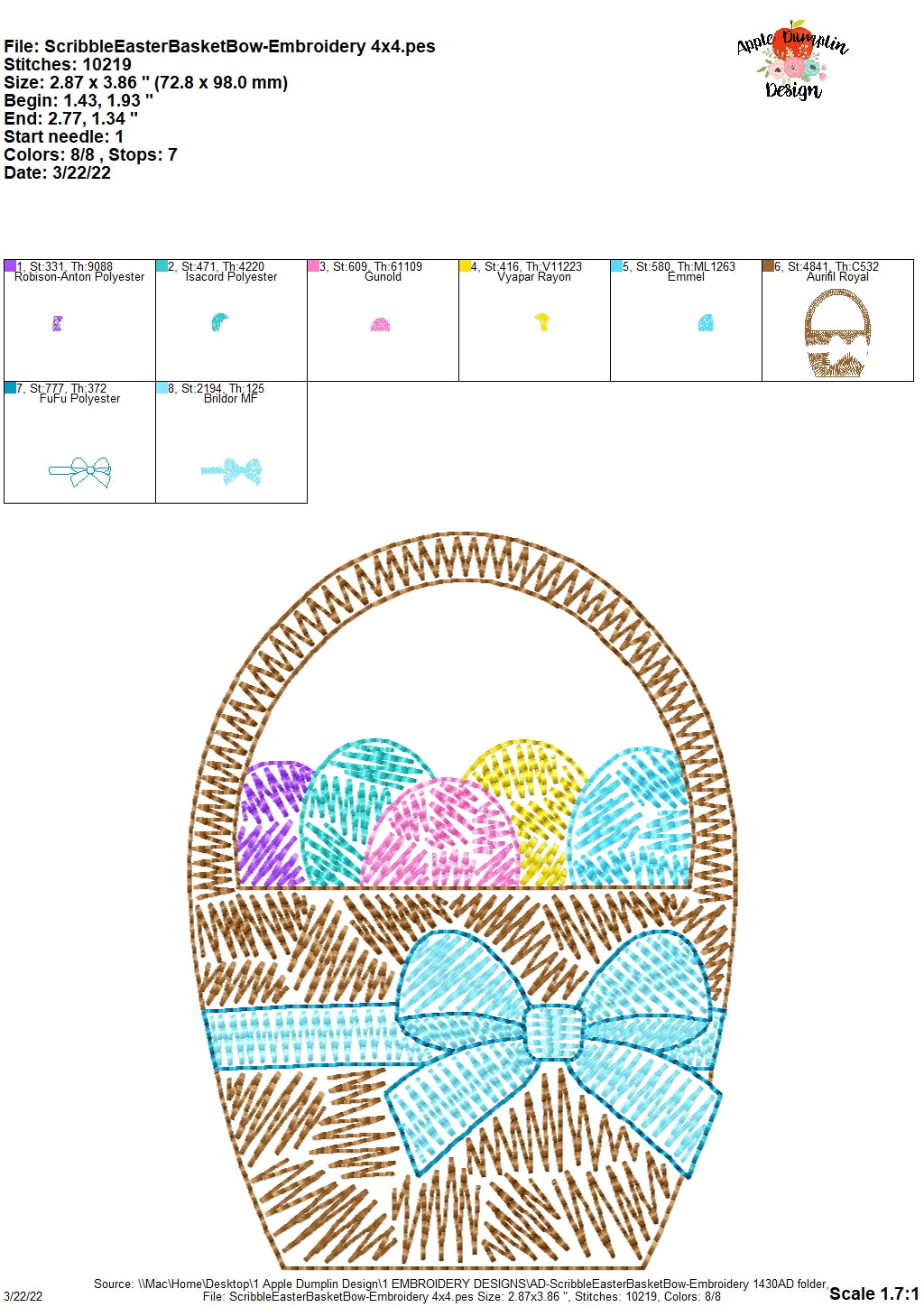 Easter Basket with Bow Scribble Embroidery Design, Applique