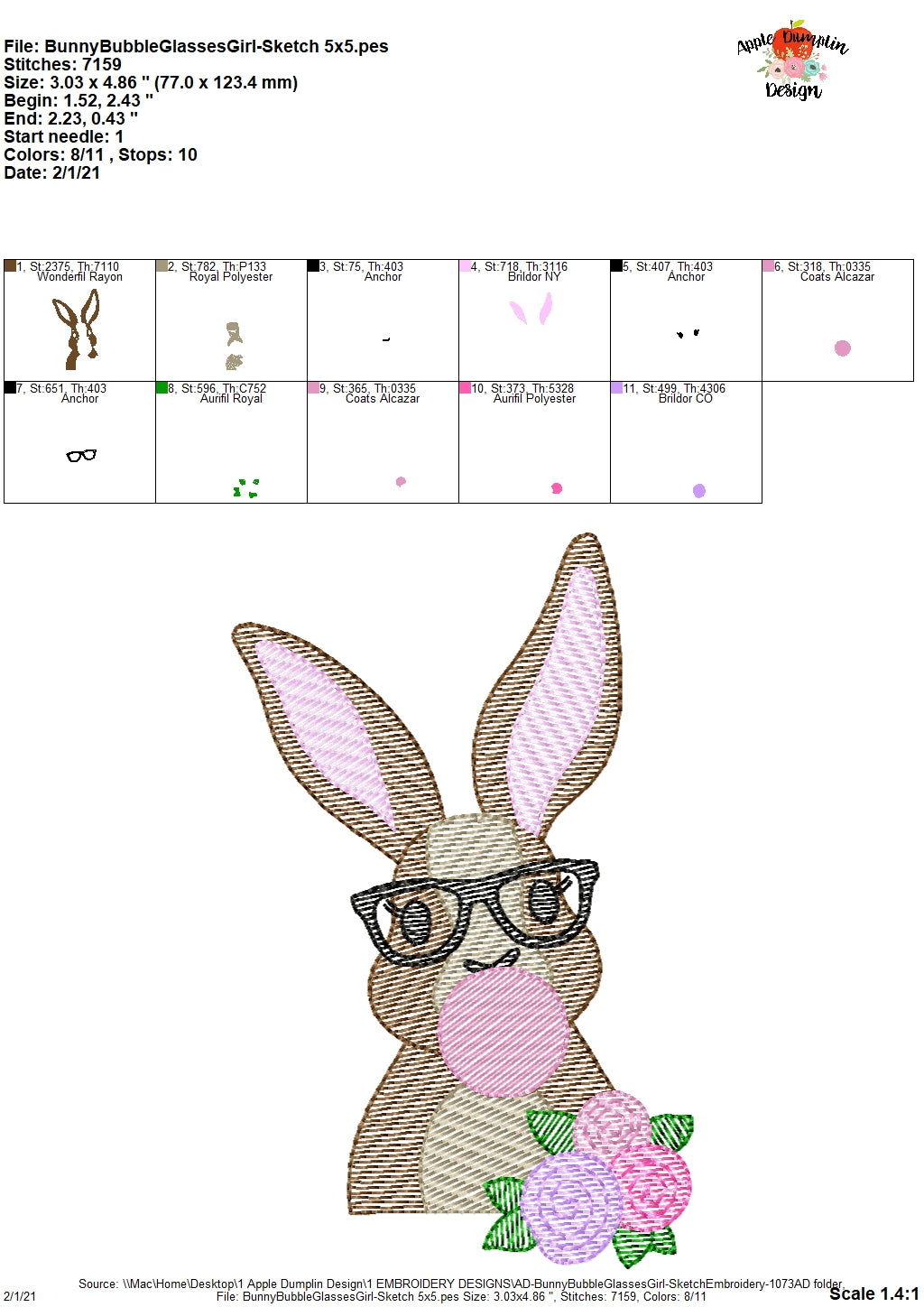 Bunny Bubble Gum Glasses Girl Sketch Embroidery Design, Embroidery