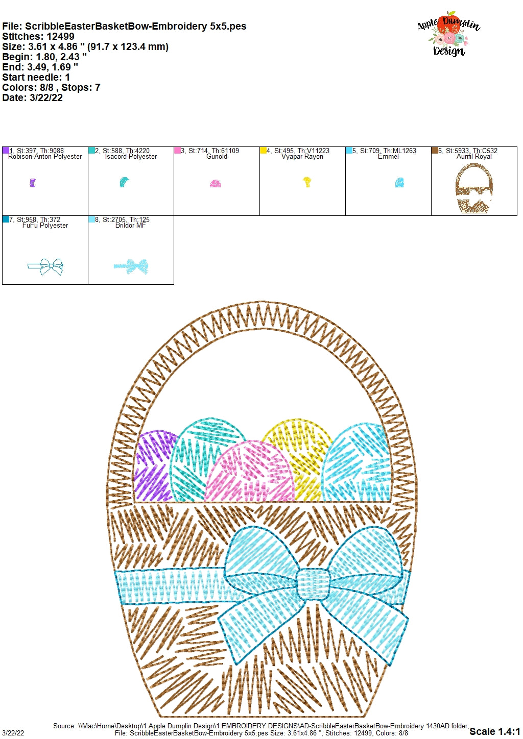Easter Basket with Bow Scribble Embroidery Design, Applique