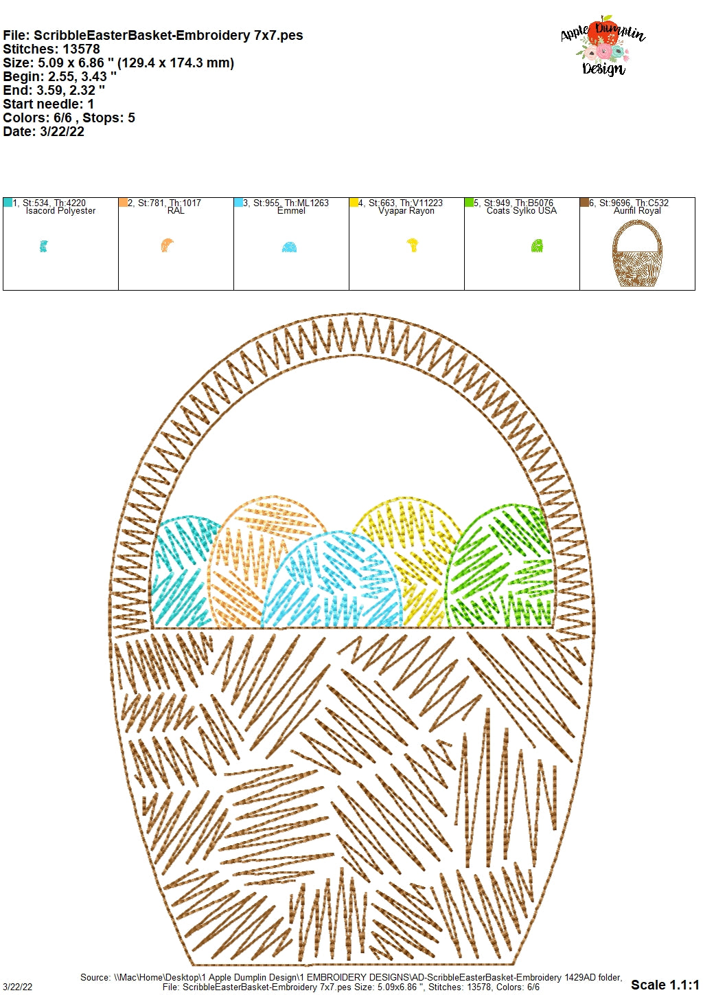 Easter Basket Scribble Embroidery Design, Applique
