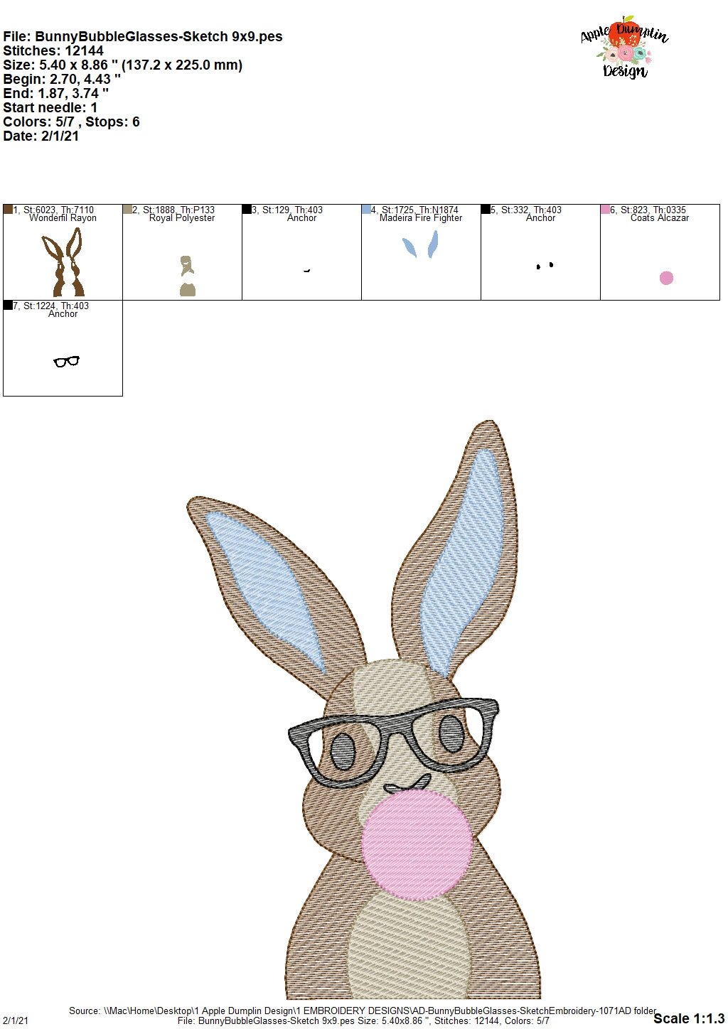 Bunny Bubble Gum Glasses Sketch Embroidery Design, Embroidery