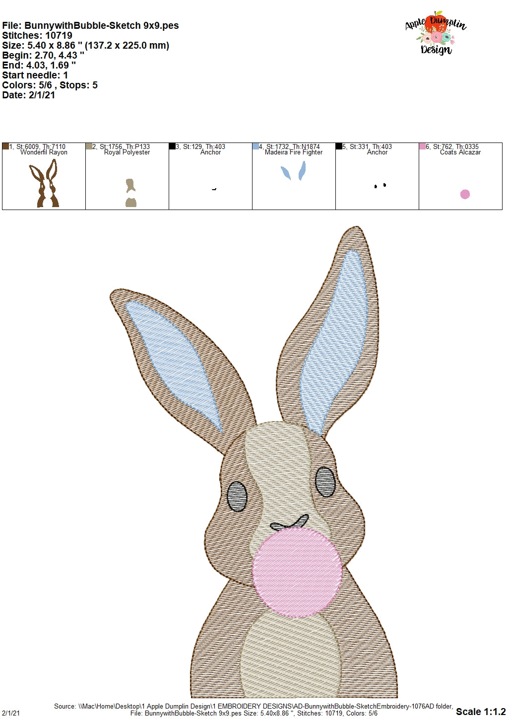Bunny with Bubble Gum Sketch Embroidery Design, Embroidery