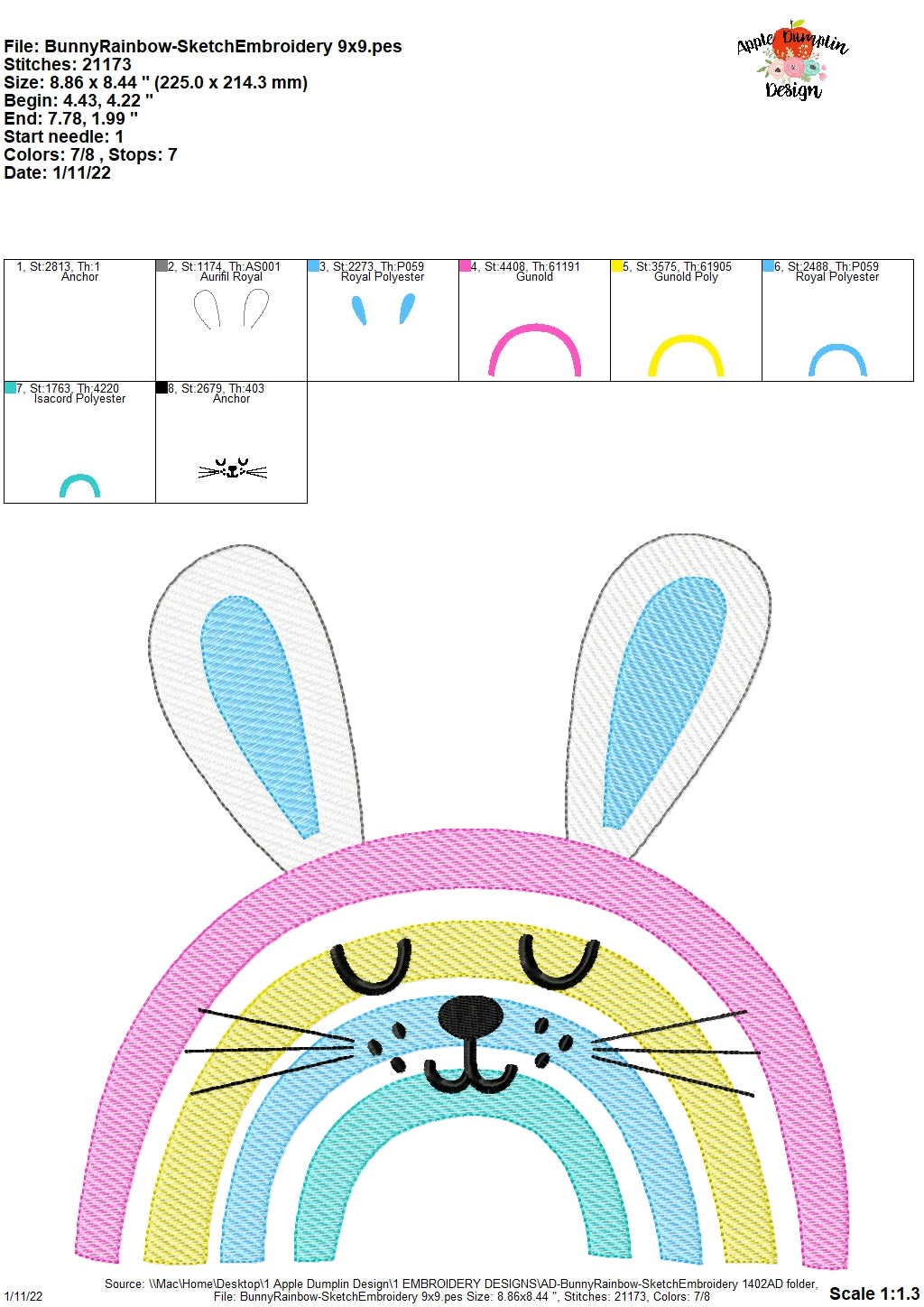 Bunny Rainbow Sketch Embroidery Design, Embroidery