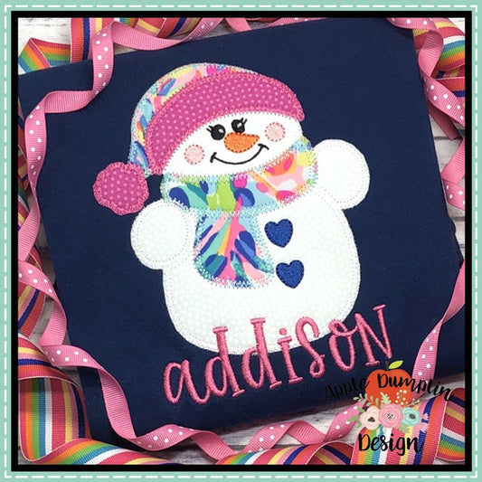 Snowman with Toboggan Zigzag Girl Applique Design, applique