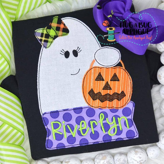 Ghost Bow Candy Bucket Banner Bean Stitch Applique Design, Applique