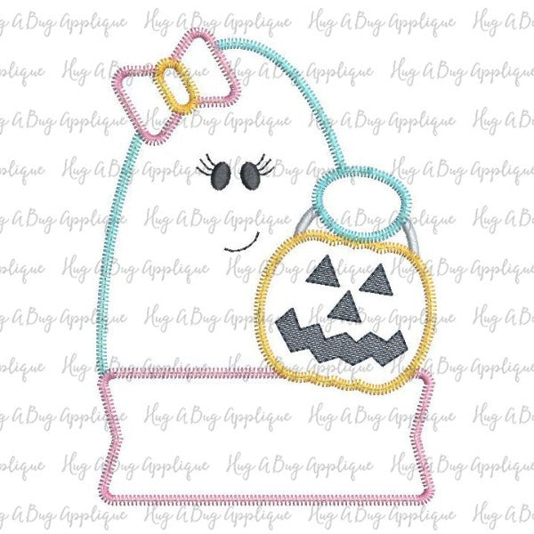 Ghost Bow Candy Bucket Banner Zig Zag Stitch Applique Design, Applique