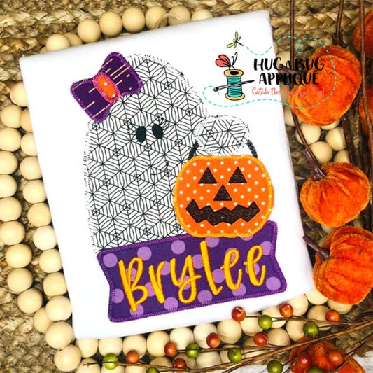 Ghost Bow Candy Bucket Banner Zig Zag Stitch Applique Design, Applique