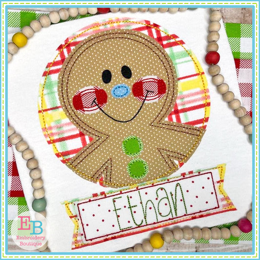 Gingerbread Boy Circle Banner Applique, Applique