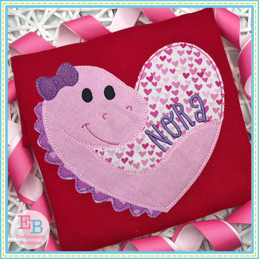 Girl Dino Heart Bean Stitch Applique, Applique