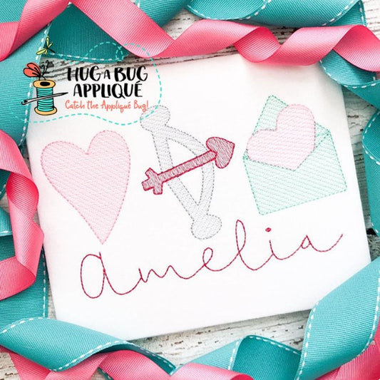 Heart Cupid Bow Letter Sketch Embroidery Design, Embroidery