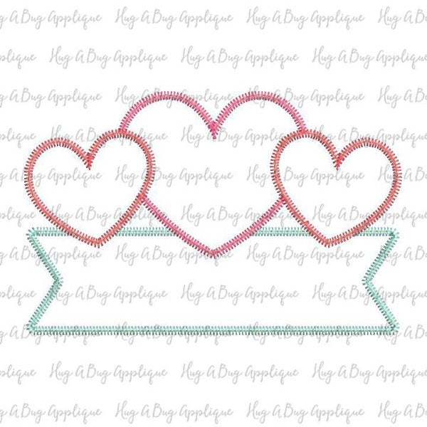Heart Trio Banner Zig Zag Stitch Applique Design, Applique