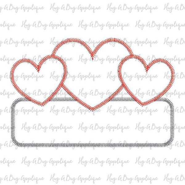 Heart Trio Box Zig Zag Stitch Applique Design, Applique