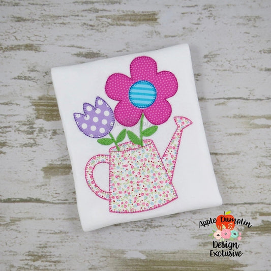 Flowers in Watering Can Blanket Stitch Applique Design, applique