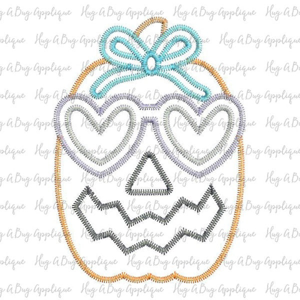 Jackolantern Heart Glasses Zig Zag Stitch Applique Design, Applique