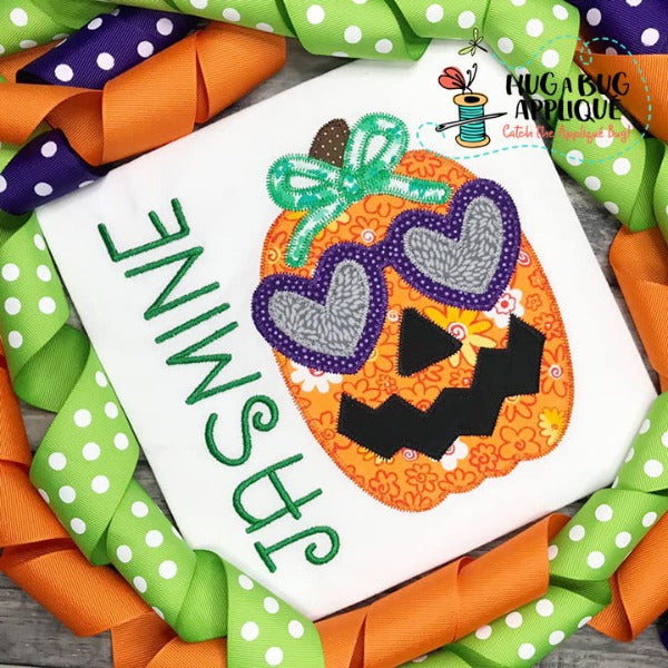 Jackolantern Heart Glasses Zig Zag Stitch Applique Design, Applique