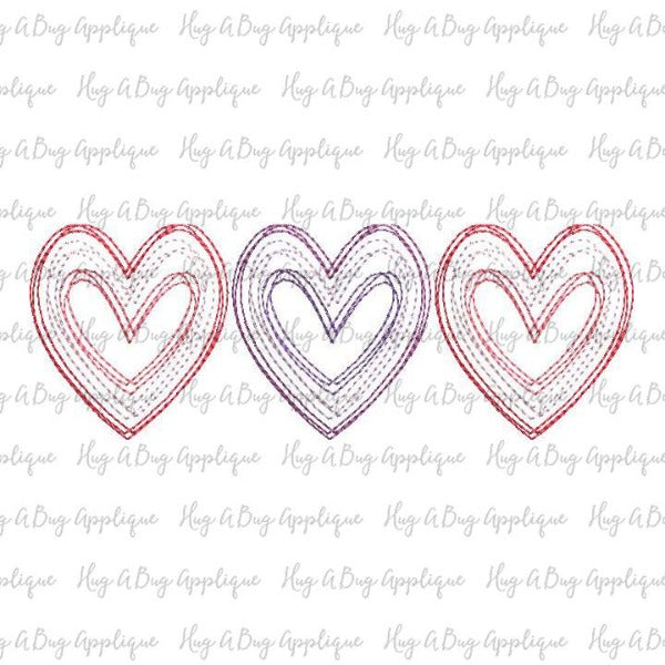 Paper Hearts Trio Scribble Stitch Embroidery Design, Embroidery
